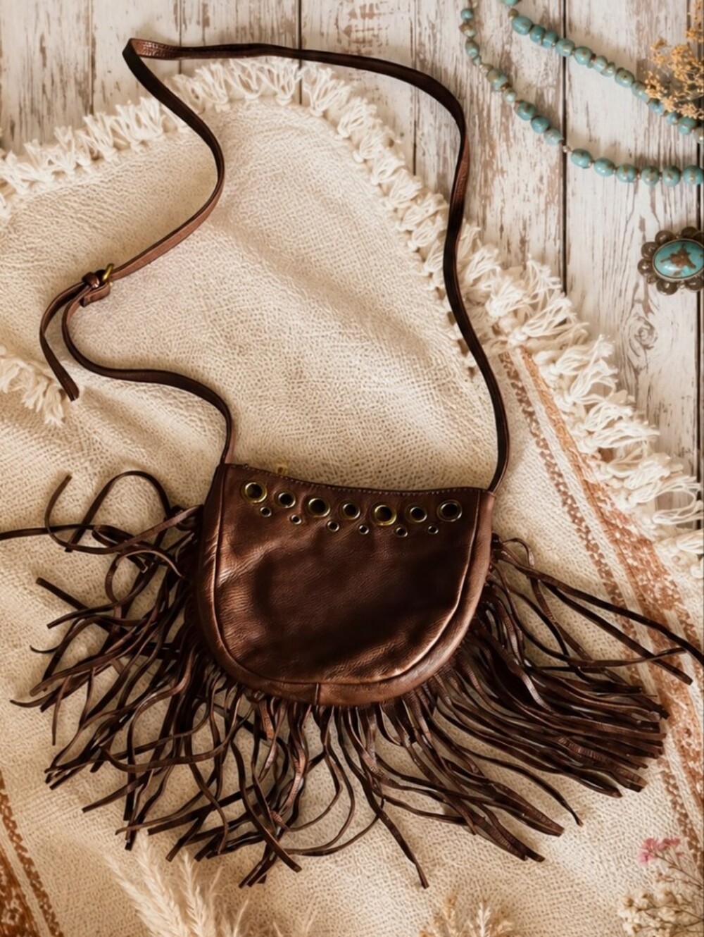 HOBO Brown Leather Fringe Crossbody with Brass Grommets